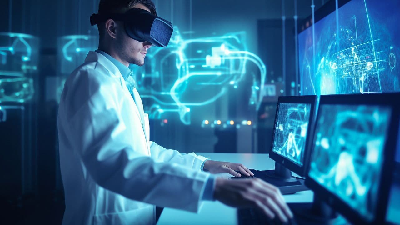 Doctor or Scientist wearing VR glasses in futuristic virtual interface room. Medical technology concept. Innovation and science to future. Generative AI. | Image Credit: © pingpao - © pingpao/Stock.Adobe.com