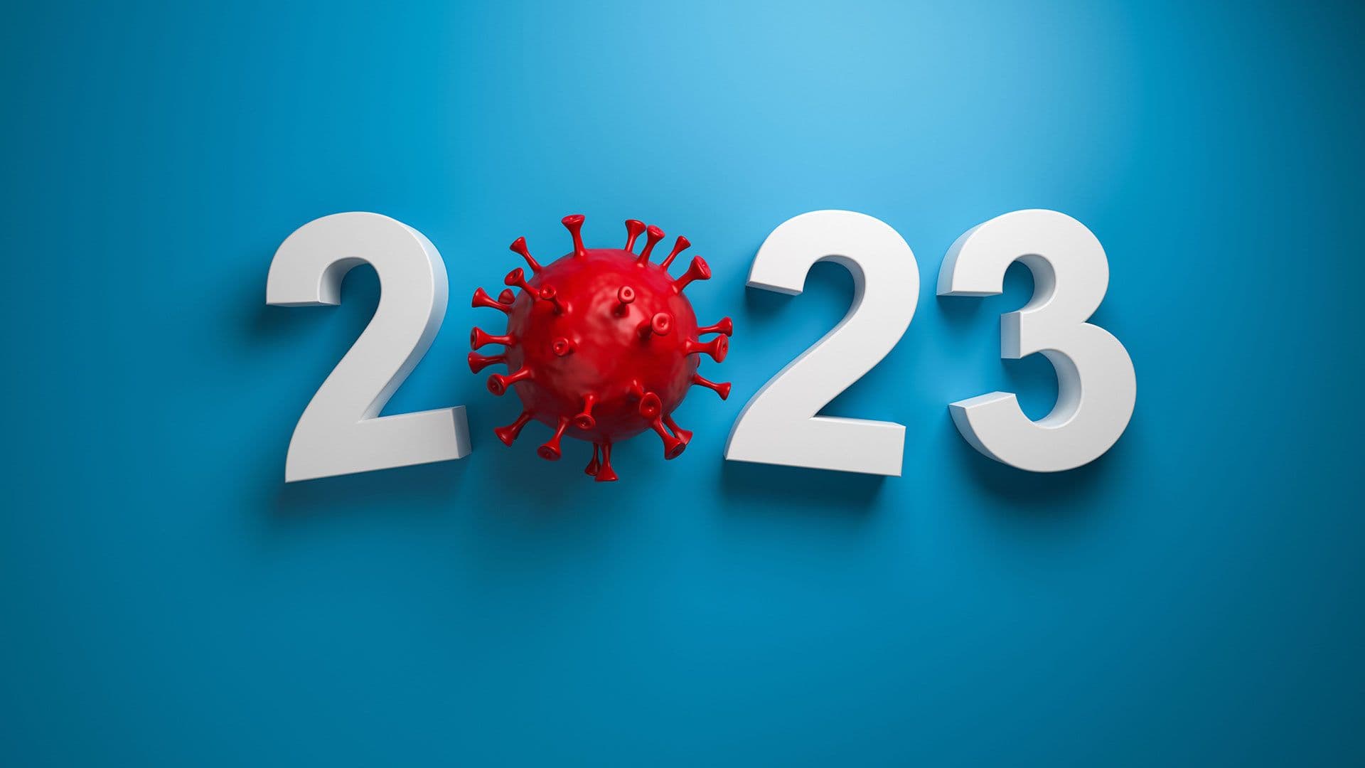 New year 2023 with coronavirus. 3d volumetric number 2023 with a red virus on a blue background. 3d rendering. | Image credit: © Mikhail - stock.adobe.com