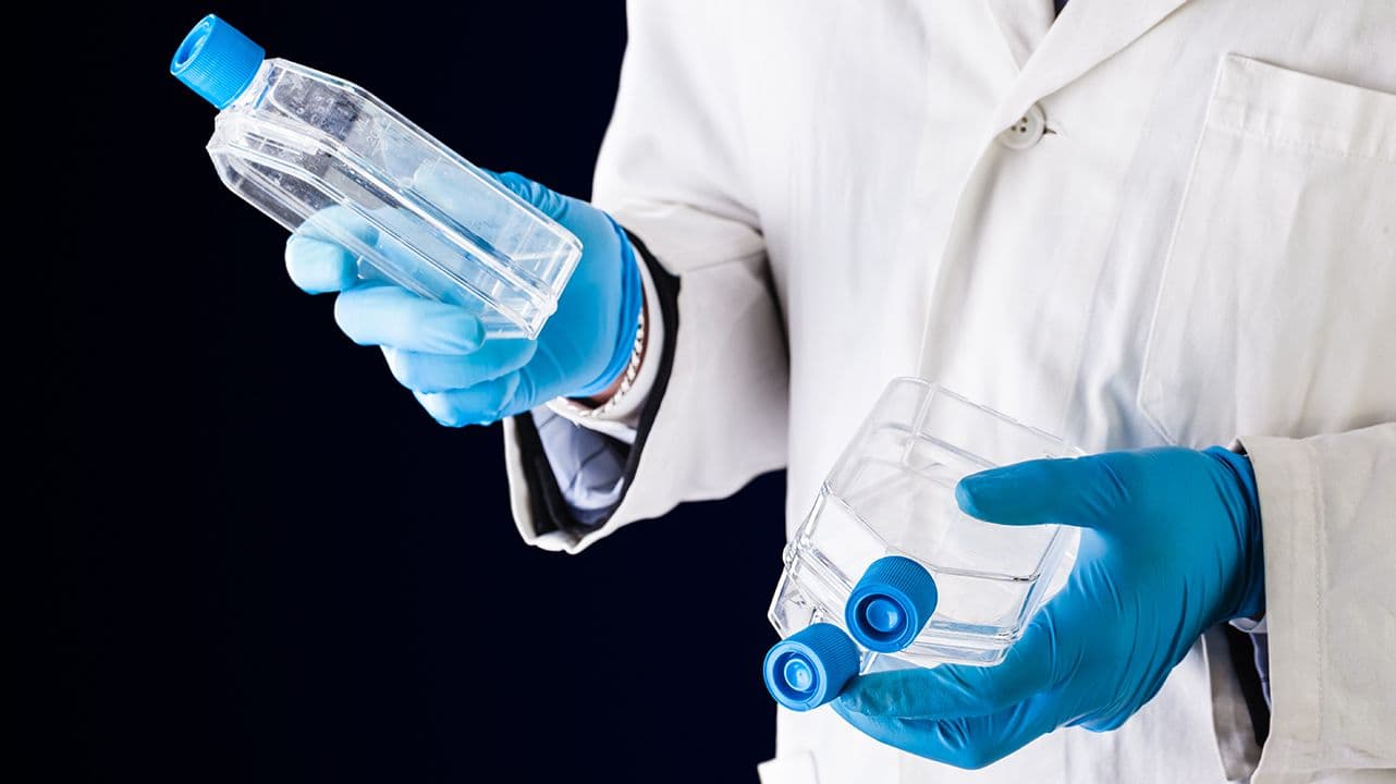 Dario Lo Presti/Stock.Adobe.com – image of lab technician or biopharma facility personnel holding empty cell culture flasks as if in contemplation of what media to use