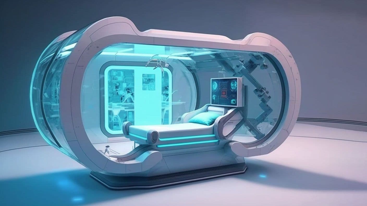 photorealistic advanced spaceship, futuristic medical operating room, medical pod sits in the middle of the room, medical pod is made from blue transparent gel, bed is transparent blue, medical pod is | Image Credit: © Junior - stock.adobe.com