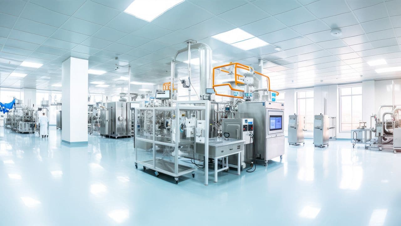 Large brightly lit hall with metal tanks and lab equipment - inside of biopharmaceutical medicine factory as imagined by Generative AI | Image Credit: © Lubo Ivanko - © Lubo Ivanko - stock.adobe.com